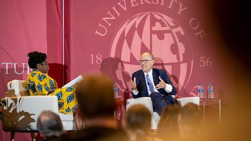 Department of Government and Politics Assistant Professor Chryl Laird talks with Tom Perez, former U.S. Secretary of Labor and former chair of the Democratic National Committee, at the College of Behavioral and Social Sciences’ annual Feller Lecture on April 21, 2022. Photo by Stephanie S. Cordle