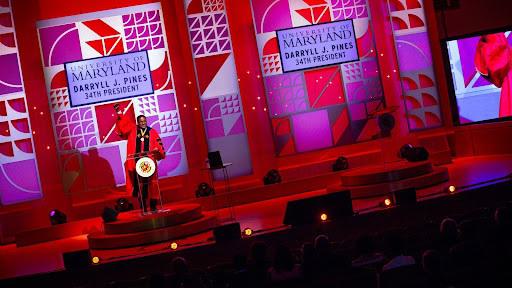 University of Maryland Darryll J. Pines addresses the audience at his inauguration ceremony on April 22, 2021. Photo by John T. Consoli