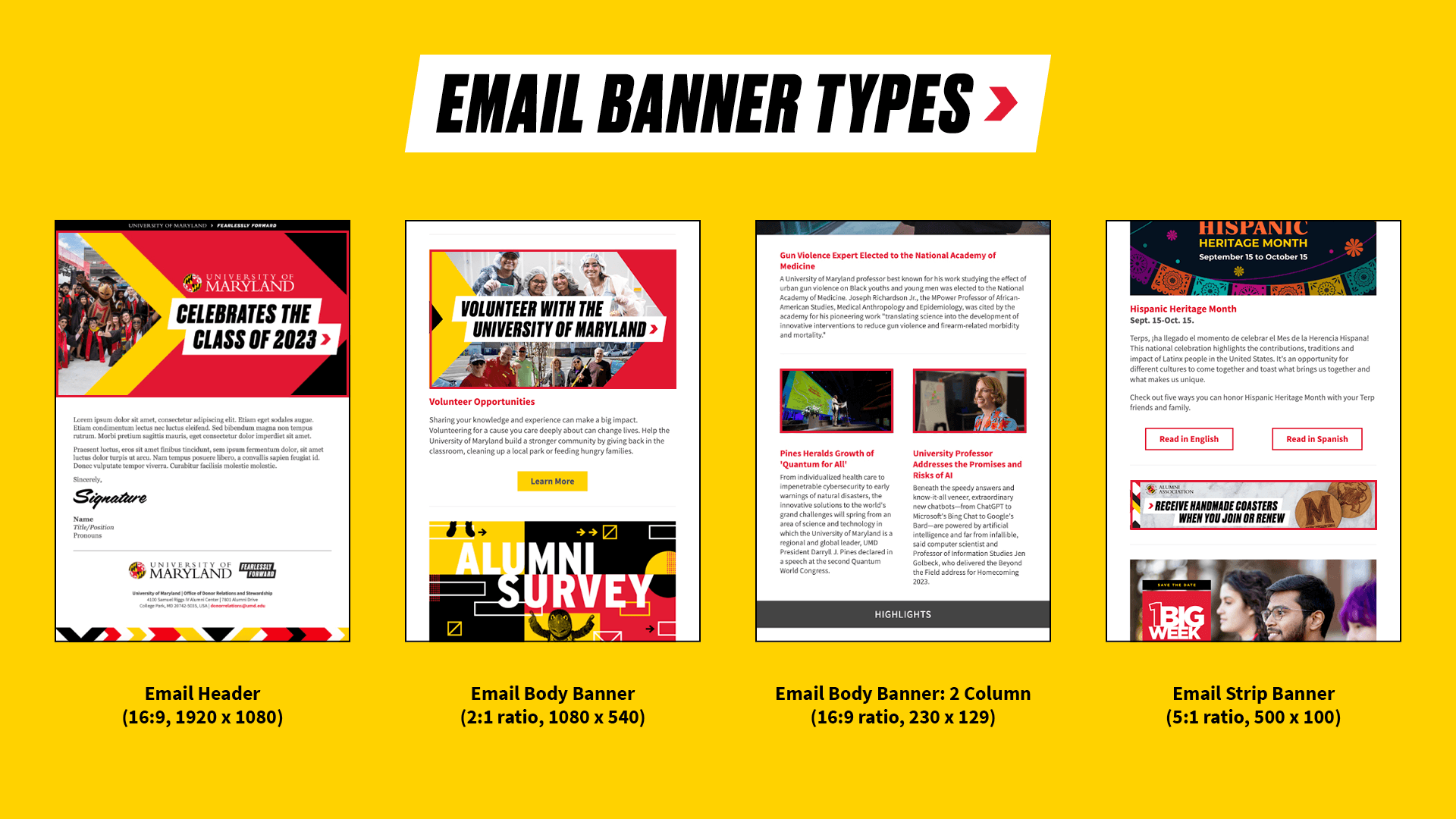 Email Banner Types: Email Header (16:9, 1920 x 1080) | Email Body Banner (2:1 ratio, 1080 x 540) | Email Body Banner: 2 column (16:9 ratio, 230 x 129) | Email Strip Banner (5:1 ratio, 500 x 100)