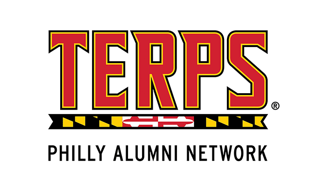 Philly Alumni Network logo, using the TerraFont Style with the word "Terps". The network name appears under the Maryland Flag bar of the logo.