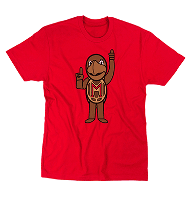 Caricature of the costumed Testudo mascot on the front of a red T-Shirt giving a thumbs up