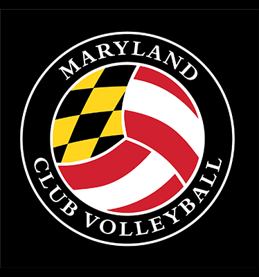 Maryland Club Volleyball logo, with the name encircling a unique representation of a volleyball using a maryland flag print, and does not resemble the university seal.