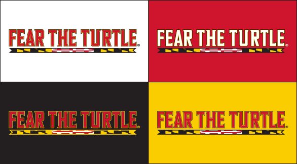 4 examples of the Fear the Turtle Logo with various color combinations between the background and Terra-Font text.