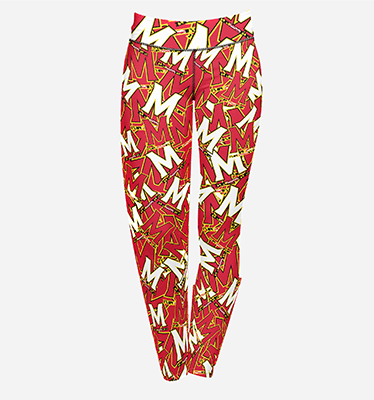 Brightly colored leggings using the M-Bar logo in Red and White as a continuous pattern.