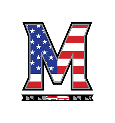 The M-Bar logo is filled in with the American Flag, the underlining bar still uses the Maryland Flag Pattern