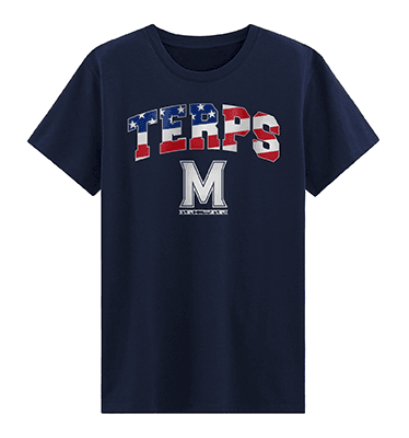 Black T-Shirt with the word "Terp" in large letters filled in with the American Flag, and the M-Bar logo directly below the wording