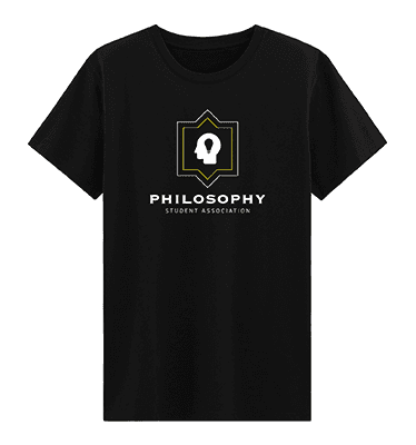 Philosophy Student Association logo, the silhouette of a head with a lightbulb in it, using brand colors white and Maryland gold on a black T-Shirt.