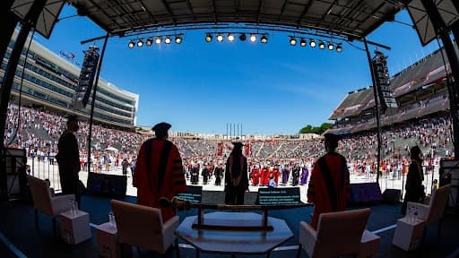 Student speaker Hannah Rhee addresses the crowd at Commencement in Maryland Stadium on May 21, 2021. Photo by John T. Consoli