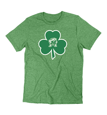 Muscle Testudo Logo displayed on a green T-Shirt in the Center of a 3 Leaf Clover.