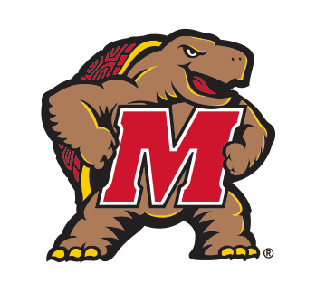 Logo in color known as "Muscle Testudo" where the caricature of a muscular diamondback terrapin stands on their hind legs, while holding a large M for Maryland